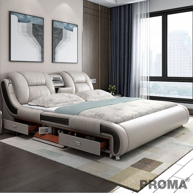 เตียงนอนหรูหราสไตล์โมเดิร์น Luxury Multifunction Leather Bed With Massage  Music Design - Proma
