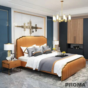 Luxury King Queen Size Modern Wood Leather Bed With Stainless Proma-B61